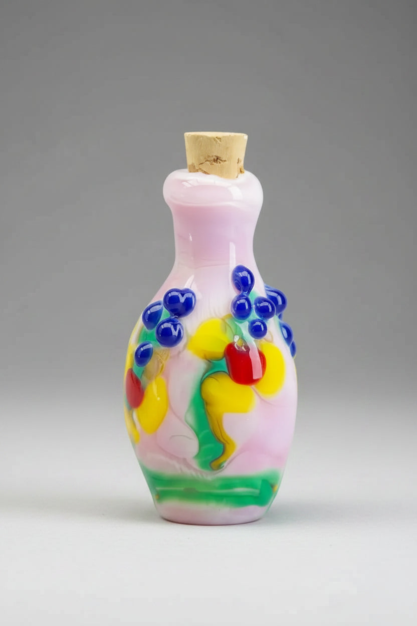 A small hand-blown glass perfume bottle with a cork stopper, decorated with colorful swirls of blue, yellow, green, red, and white on a pale pink base, set against a dark textured background.