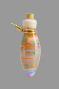 A small decorative glass bottle pendant with a gold-tone cap and wire wrap, featuring multicolored iridescent bands on a black textured background.