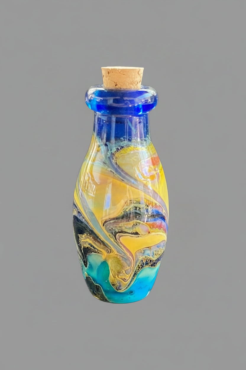 A small glass vial with a cork stopper, featuring a marbled swirl pattern of yellow, blue, black, and iridescent colors, set against a dark textured background.